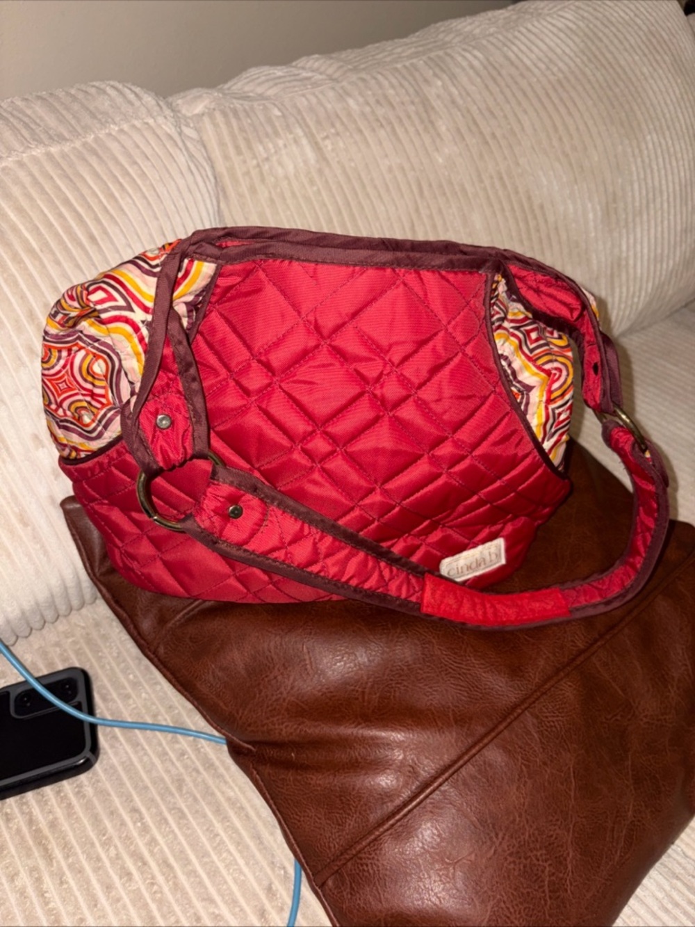 Quilted Red Shoulder Bag with Patterned Side Panels